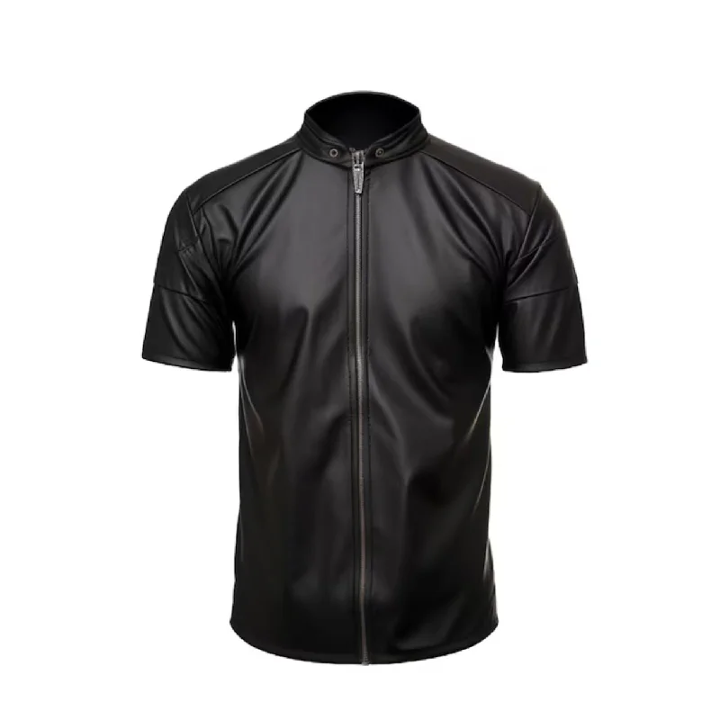 Black Leather Half-sleeves Shirt