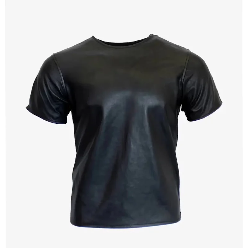 Men Genuine Sheep Black Leather T Shirt