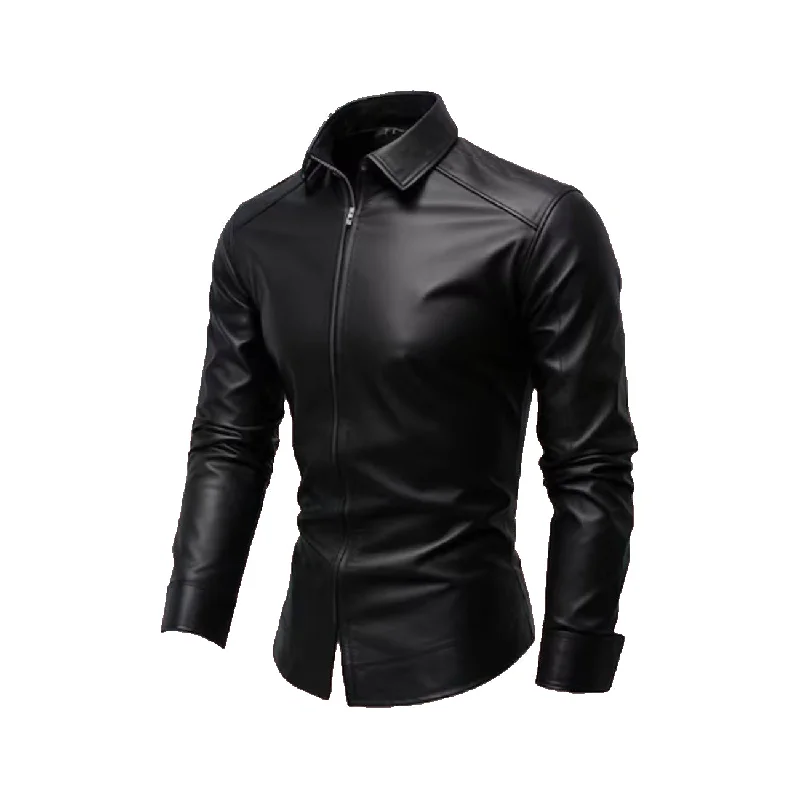 Men Handmade Soft Black Sheep Leather Shirt