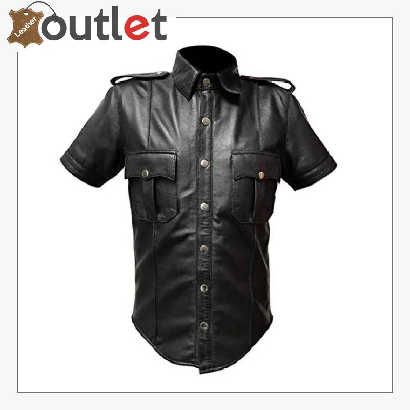 Police Style Mens Leather Shirt Half Sleeve Shirt