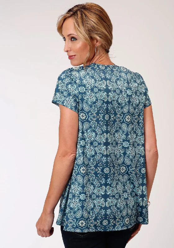 Roper Womens Blue Poly/Spandex Paisley Floral S/S Tunic