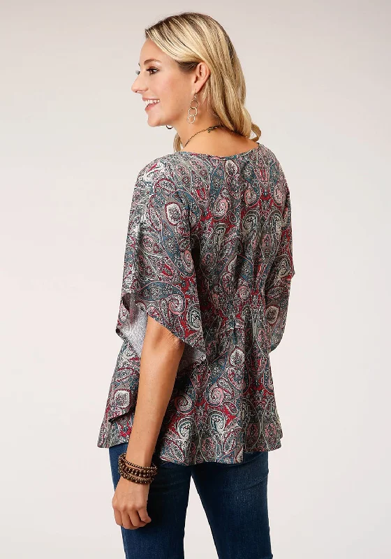 Roper Womens Sage Rayon/Nylon Paisley Print S/S Blouse