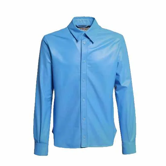 Sky Blue Lambskin Leather Shirt Men