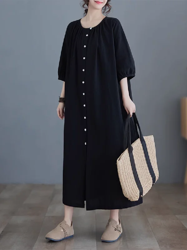 Women's Cool Button-Up Side Pockets A-Line Shirt dress