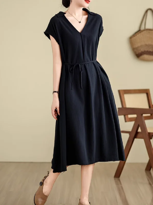 Women's Summer Loose Lazy Stylish V-neck Collar Shirt Dress