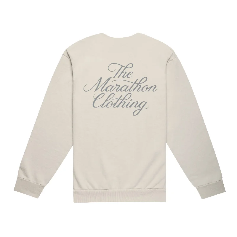 Marathon 3D Embroidered Stacked Script Crewneck - Bone/Grey