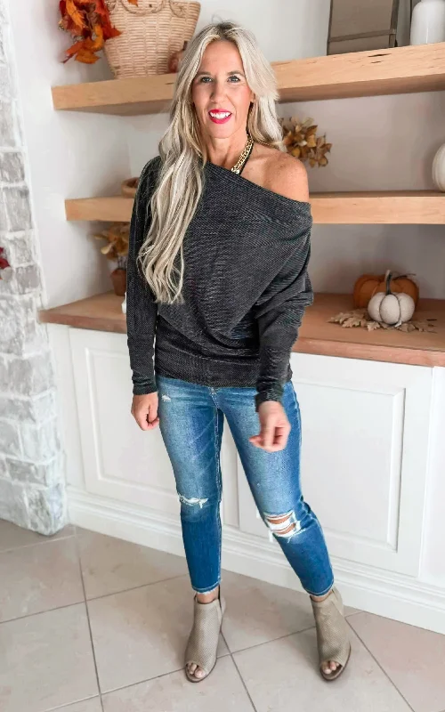 Charcoal Long Sleeve Solid Knit Top