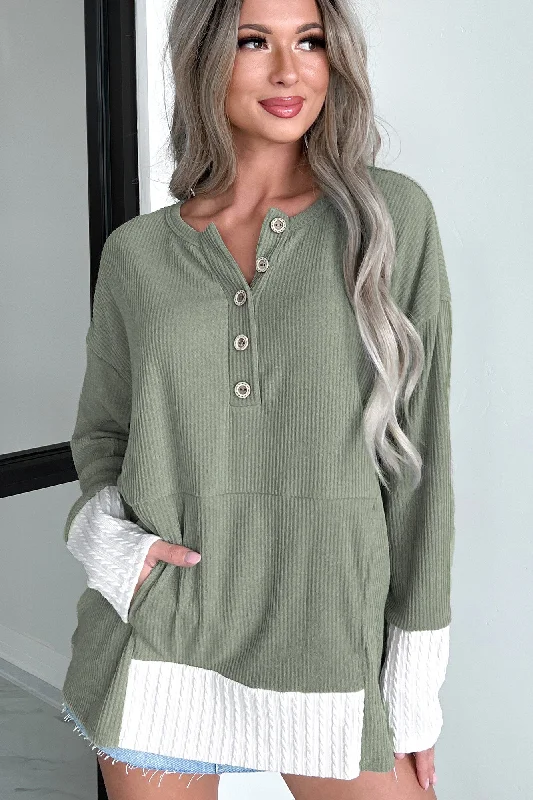 Forcing The Issue Mixed Knit Oversized Henley Top (Olive)