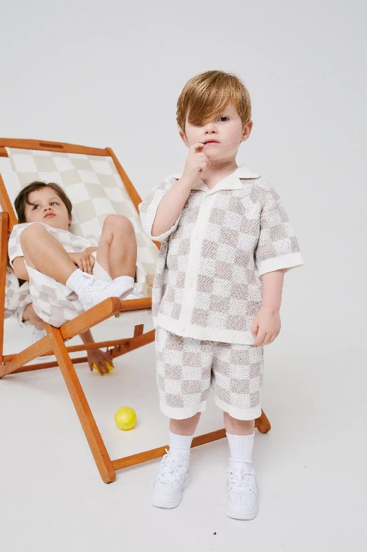 KIDS KNITTED CHECKERBOARD SHIRT - OFF WHITE