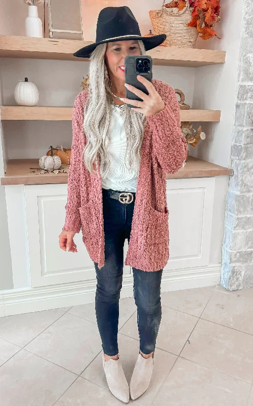 Ribbed Popcorn Knit Long Cardigan