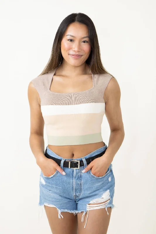 Stripe Knit Color Block Top for Women in Taupe Multi | MWT6062-TAUMUL