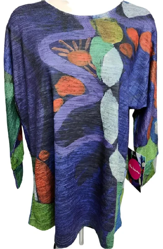 Top Knit Pullover 3/4 Sleeve Purple/Green Abstract Women's 91703