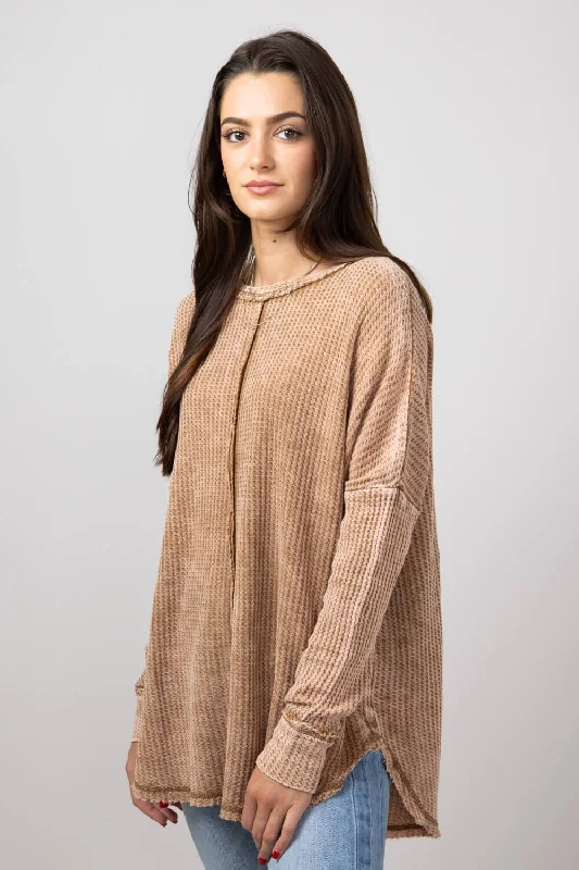 Washed Baby Waffle Oversized Knit Shirt for Women in Deep Camel | CTW-3181D4-DEEPCAMEL