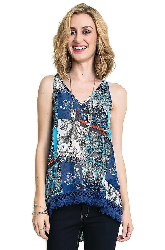 Crochet Fringe High Low Tank, Blue