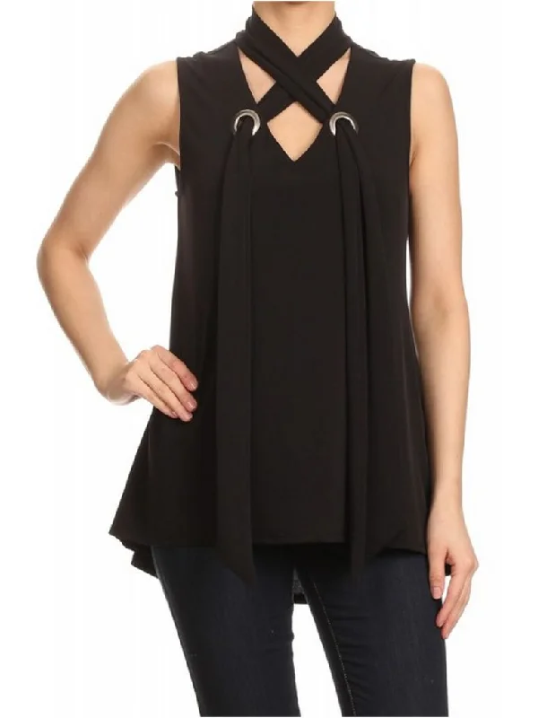 Grommet Detail Scarf Top, Black