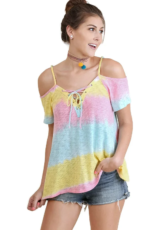 Lace Up Cold Shoulder Color Block Top, Lemon Mix