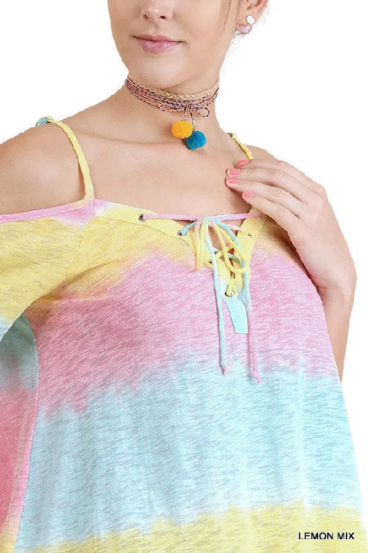 Lace Up Cold Shoulder Color Block Top, Lemon Mix