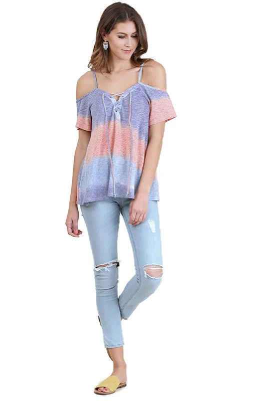 Lace Up Cold Shoulder Color Block Top, Purple Mix