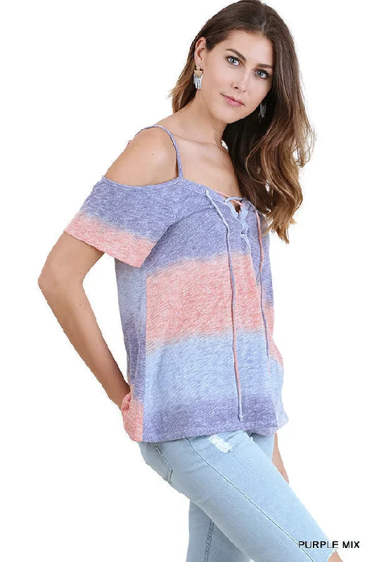 Lace Up Cold Shoulder Color Block Top, Purple Mix