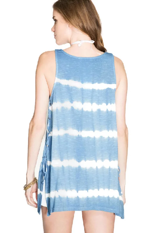 Tie Dye Slub Knit Tank Top with Lace Up Sides, Blue