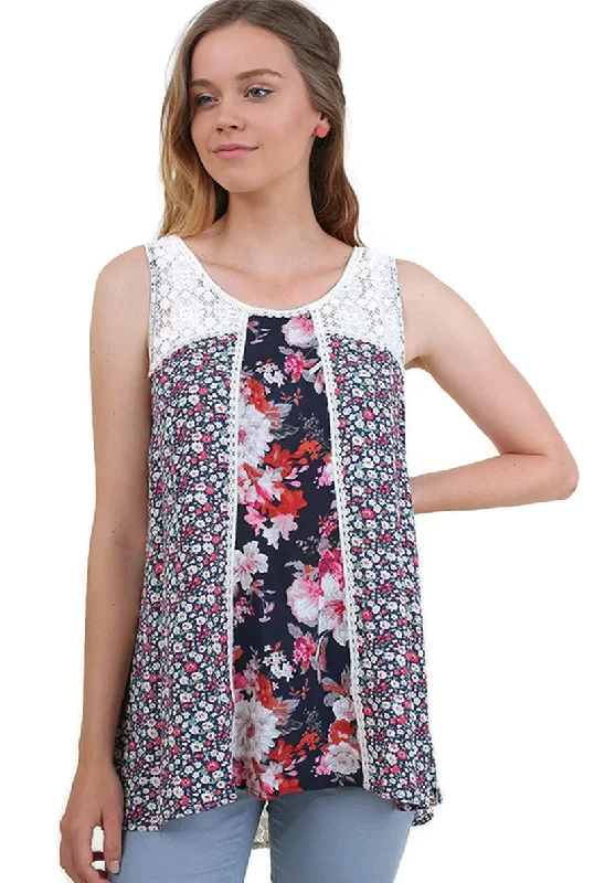 Twin Print Lace Sleeveless Top, Navy Mix