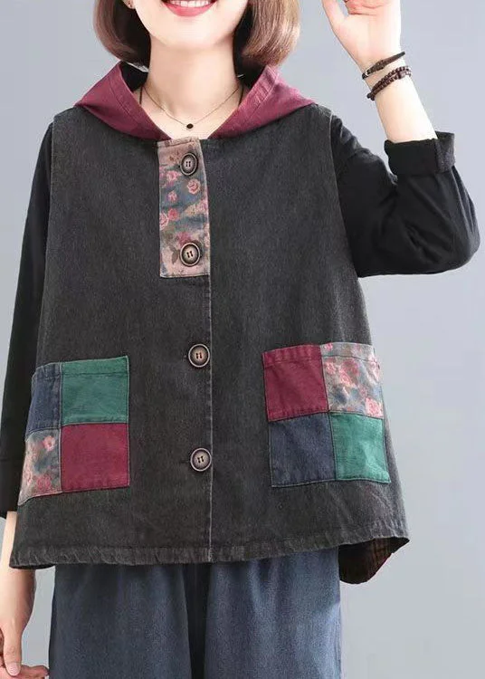 Casual Blue Print Pockets Patchwork Denim Hoodies Vest Fall