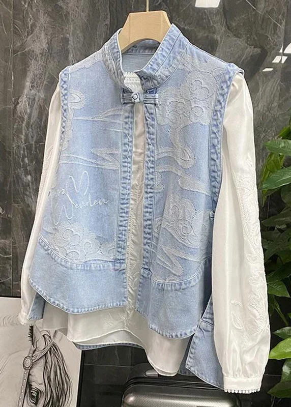 Chinese Style Blue Stand Collar Print Patchwork Low High Design Denim Waistcoat Summer