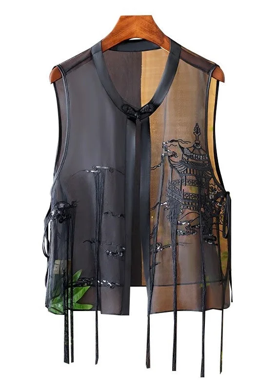 Modern Black O-Neck Embroidered Silk Waistcoat Summer