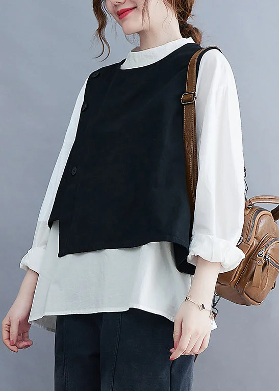 Style Black O-Neck Button Asymmetrical Vest White Shirt Two Piece Set Spring