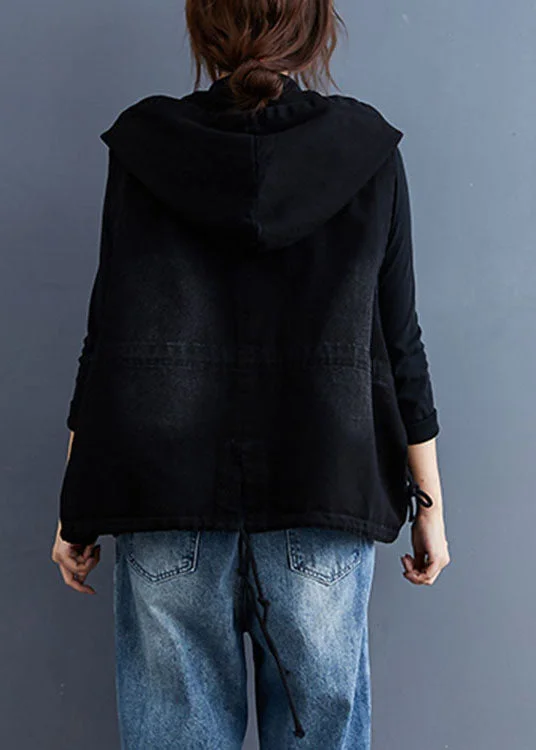 Unique Black Hooded Button denim Trench Sleeveless Vest