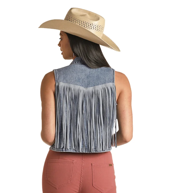 Rock & Roll Cowgirl Denim Fringe Medium Wash Vest