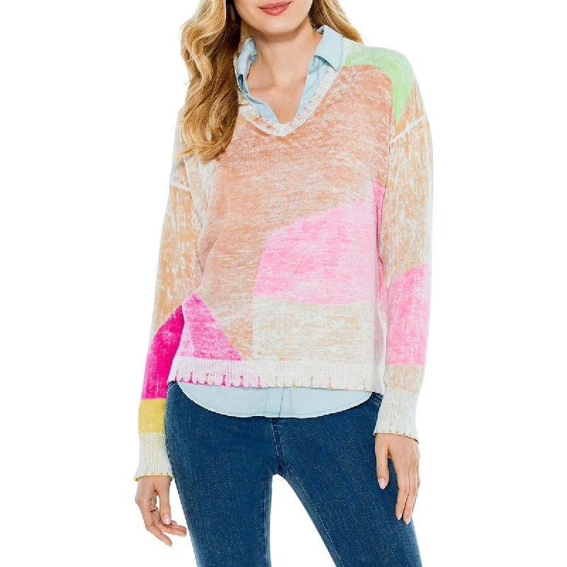 Nic + Zoe Womens Mosaic Sunrise Cotton Printed Pullover Sweater