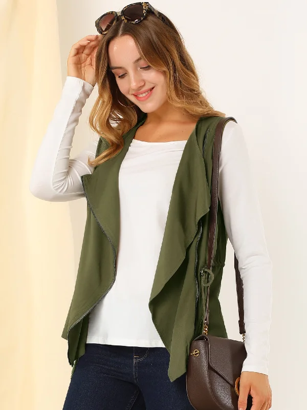 Sleeveless Vest Drawstring Waist Lightweight Zip Up Jacket