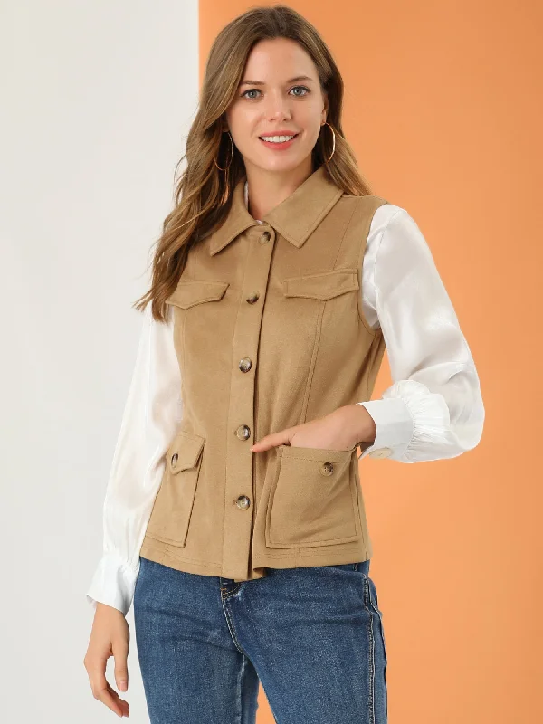 Faux Suede Vest Utility Buttoned Sleeveless Jacket with Cargo Pocket