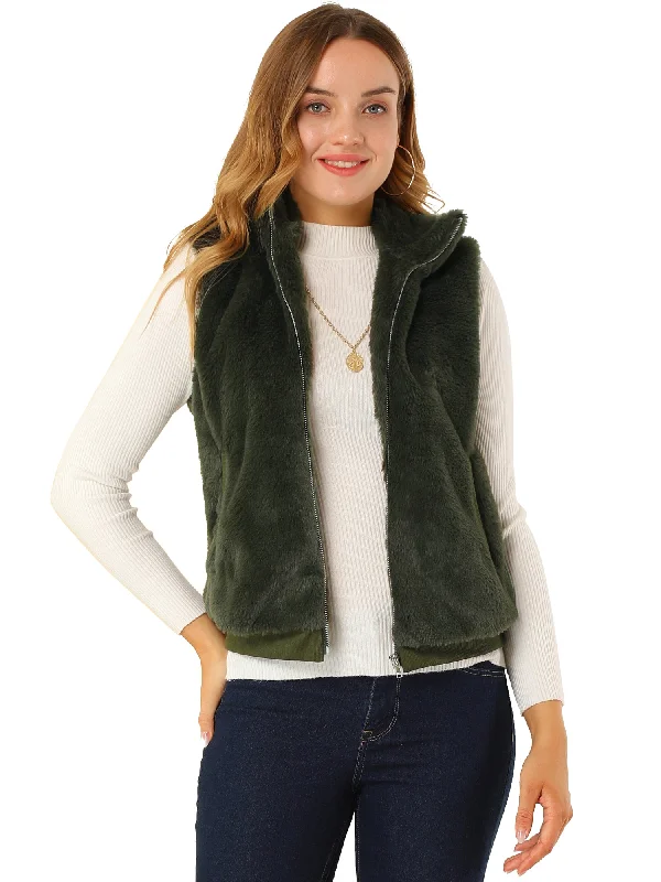 Stand Collar Zip Warm Sleeveless Gilet Faux Fur Jackets Vest