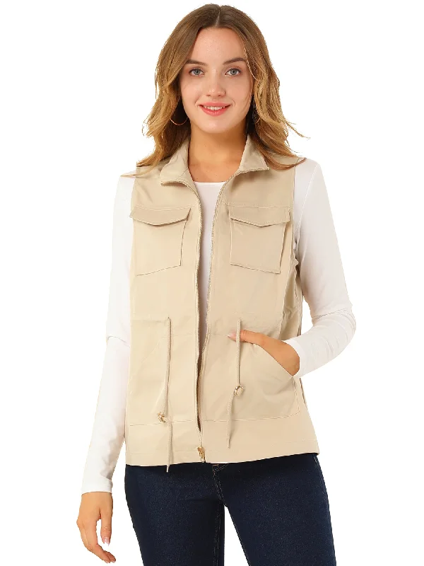 Zip Up Sleeveless Casual Drawstring Cargo Utility Vest