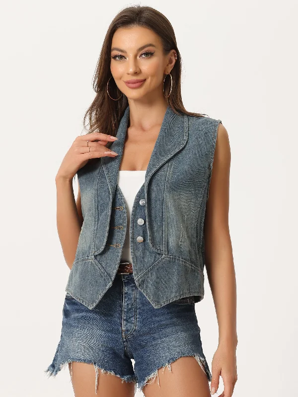 Casual Collar Button Down Waistcoat Distressed Sleeveless Jean Jacket Denim Vest