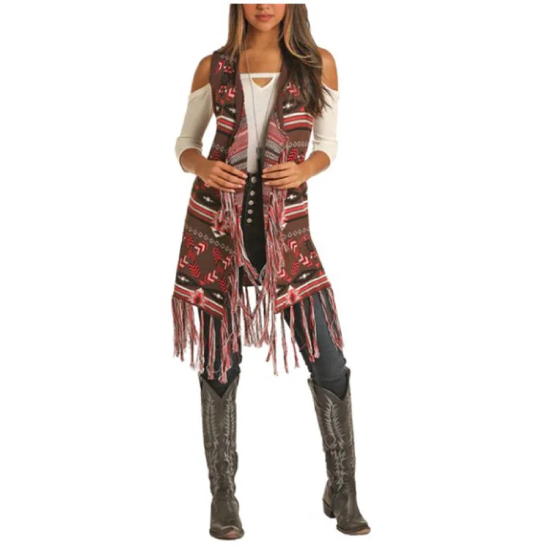 Powder River Outfitters Ladies Aztec Jacquard Fringe Vest