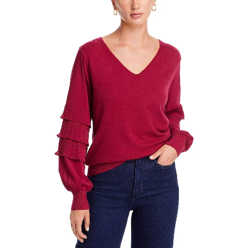 Sioni Womens Mixed Media V-Neck Pullover Sweater