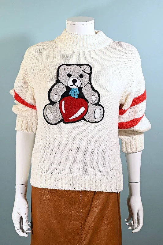 Vintage White Sweater Bear/Heart Patch, Acrylic Novelty Pullover Sweater