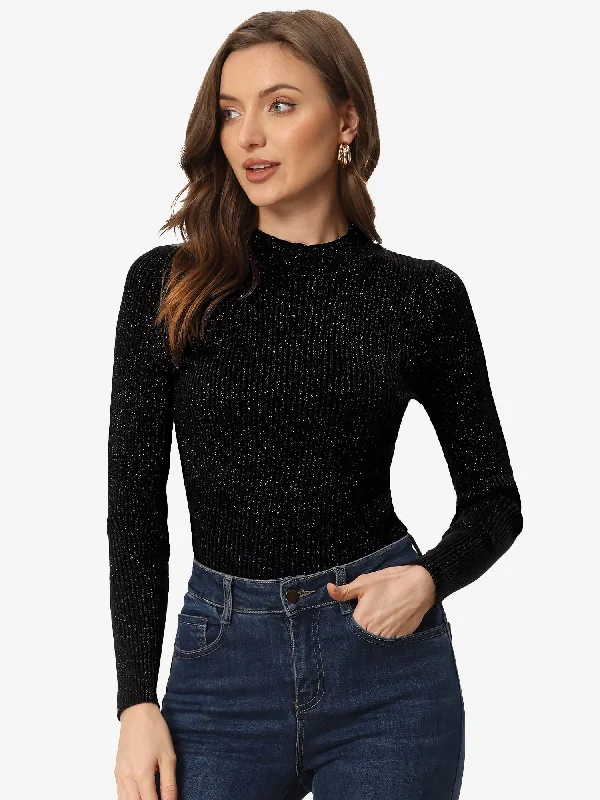 Shiny Turtleneck Long Sleeve Ribbed Knit Pullover Sweater