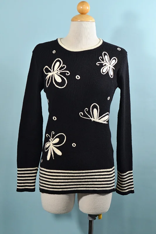 Vintage 60s Mod Hippie Butterfly Embroidered Pullover Sweater XS/S