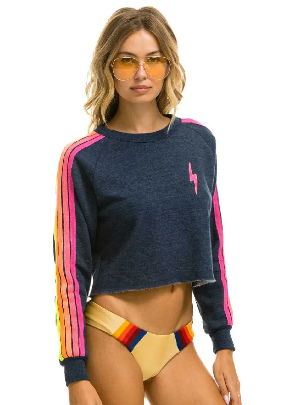 Aviator Nation Women's Bolt Embroidery Classic Cropped Sweatshirt - Heather Navy Neon Stripes