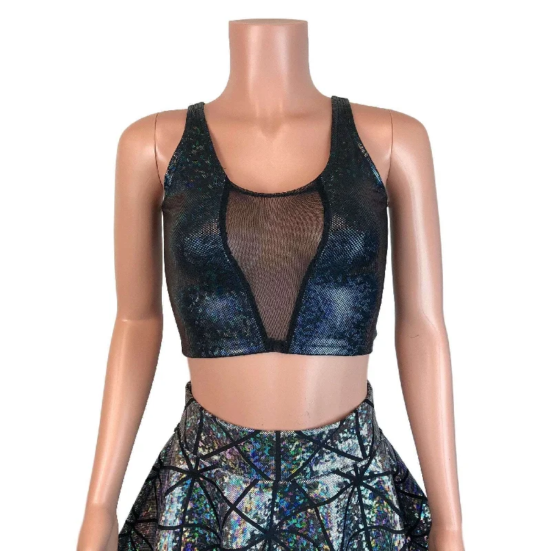 Mesh Inset Crop Tank - Black Shattered Glass Holographic