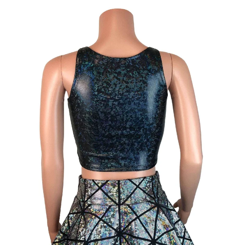 Mesh Inset Crop Tank - Black Shattered Glass Holographic