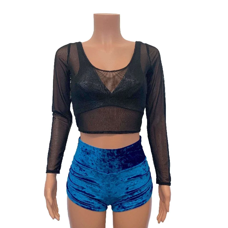 Long Sleeve Crop Top - Black Mesh