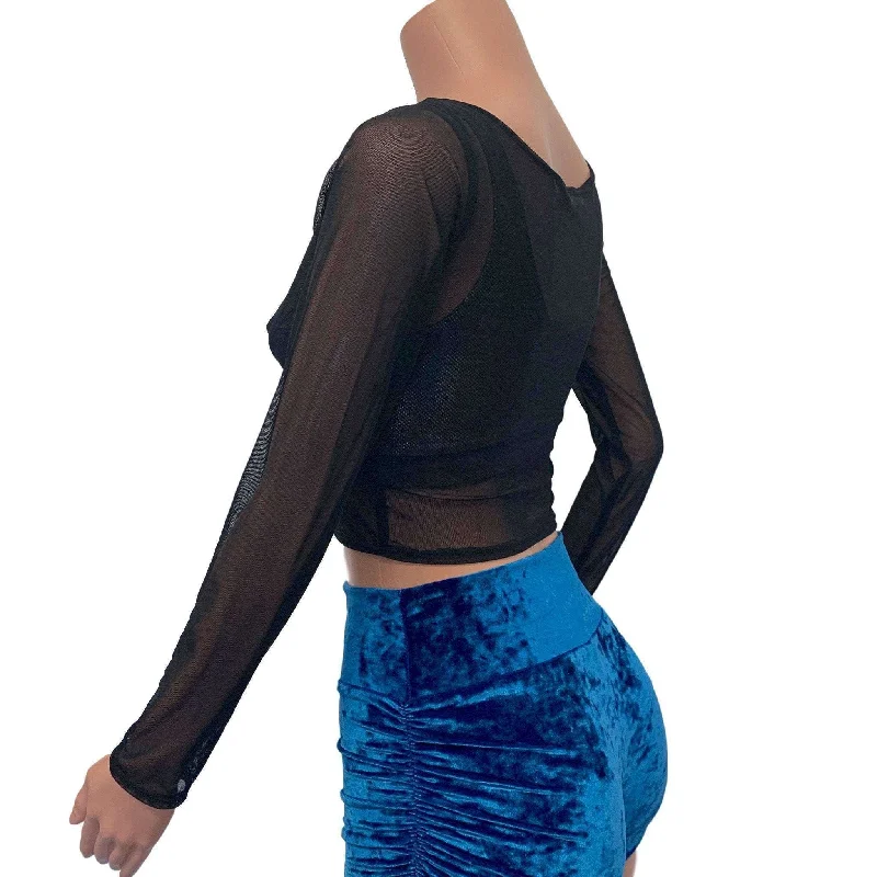 Long Sleeve Crop Top - Black Mesh