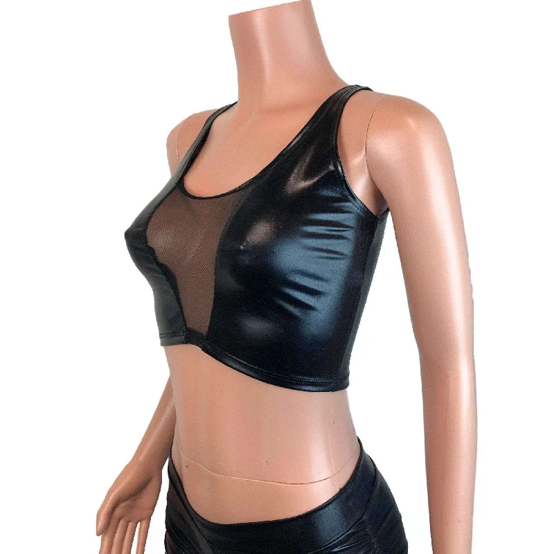 Mesh Inset Crop Tank - Black Metallic 