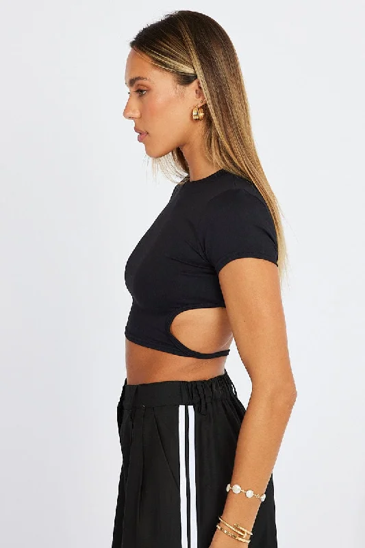 Black Supersoft Top Backless Crop Short Sleeve