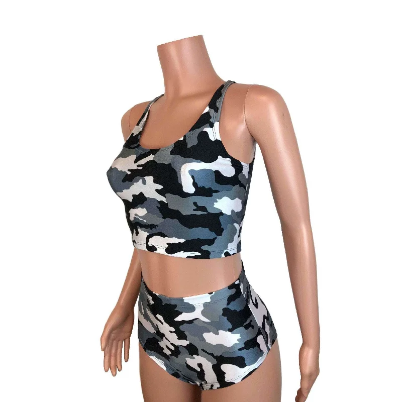 Crop Top Tank - Black & White Camo